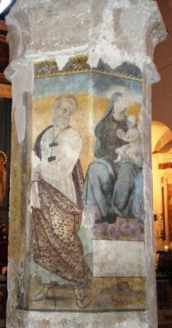 Madonna con bambino e santo su affresco